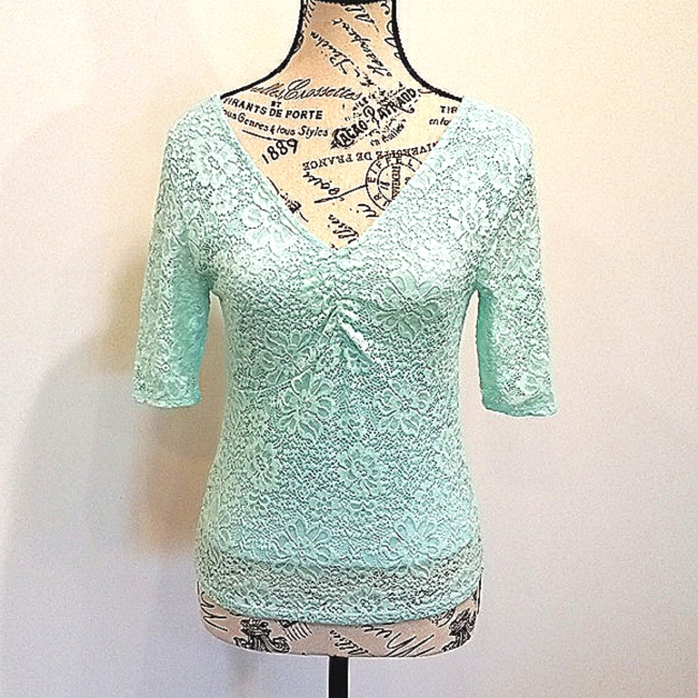 Women XS Blue Cropped Lace Stretch Cinched V Neck 1/4 Sleeve Top Boho Slimming